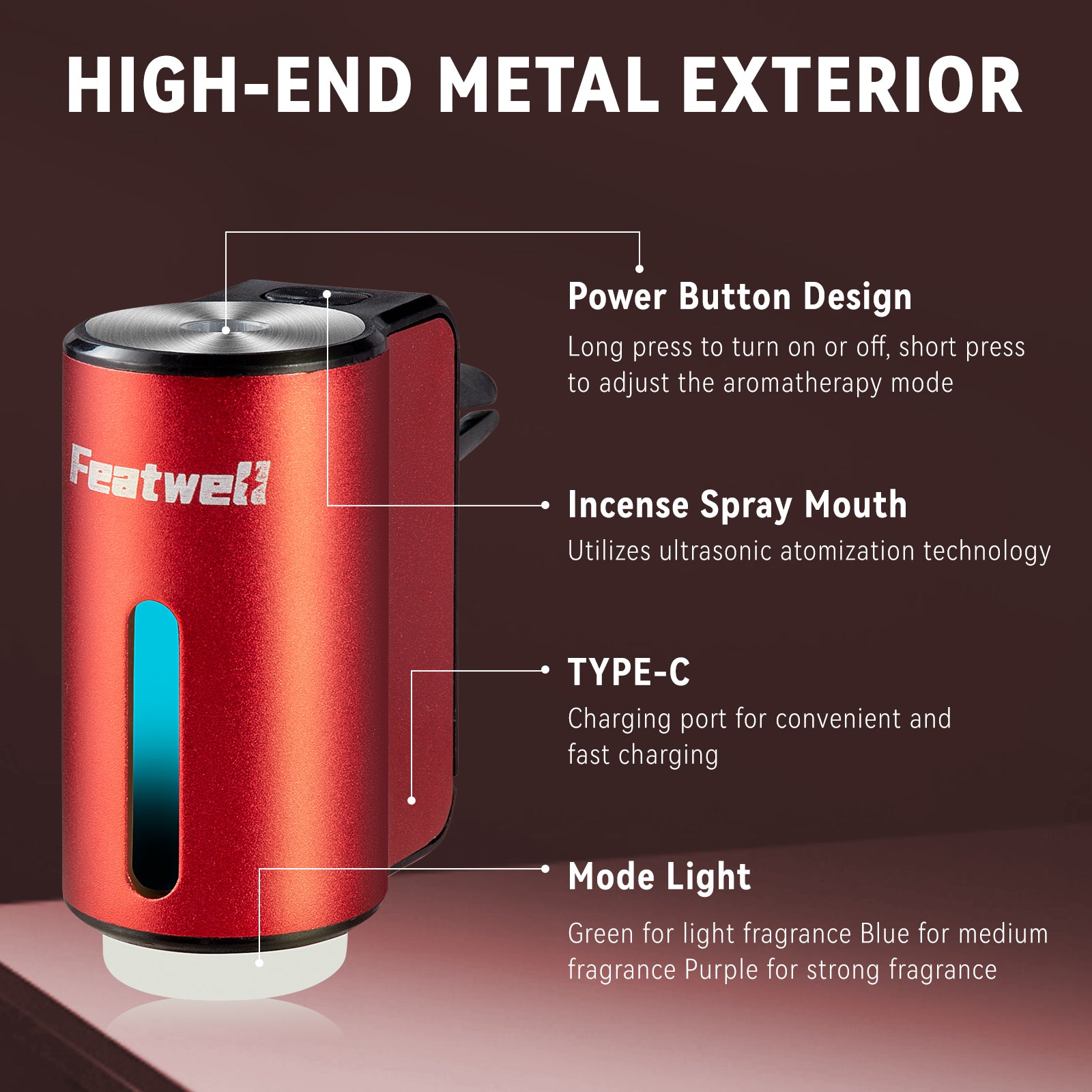 Difusor de aceite Featwell para vehículo - Paquete de 6 aceites esenciales (rojo) 